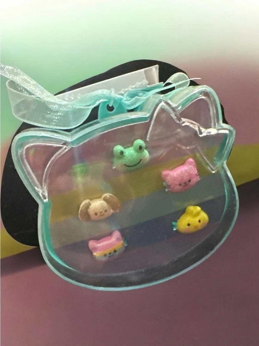 Cute Mint Cat-Shaped Kids Pouch with Animal rings 1034